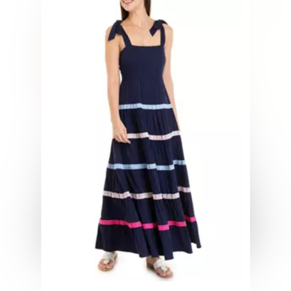 Navy Crown and Ivy Maxi Dress with Colorful Stripes